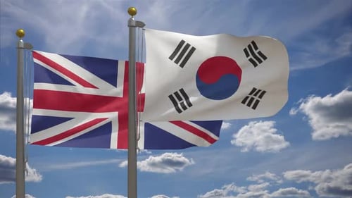United Kingdom and South Korea National Flags Waving