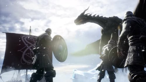 Cinematic Fantasy Battle Scene with Warriors and Dragon