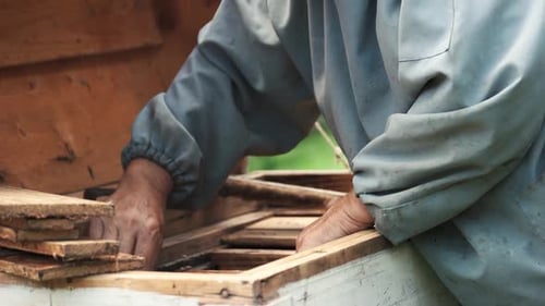 Beekeeper Working with Bees and Beehives on the Apiary