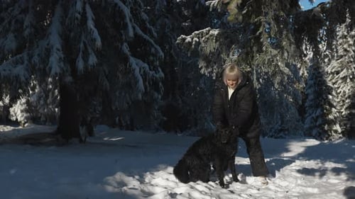 Woman Playing with Dog in Snowy Winter Forest