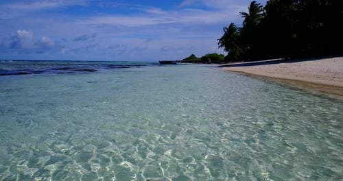 Tropical fly over copy space shot of a paradise sunny white sand beach and turquoise sea background