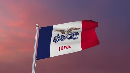 Iowa State Flag Waving Animation on Sunset Sky