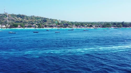 Aerial top view scenery of marine sea view beach adventure by shallow water and white sand backgroun