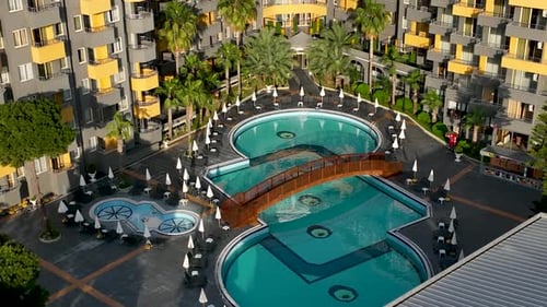 Hotels pool on the beach aerial view Turkey Alanya 4 K