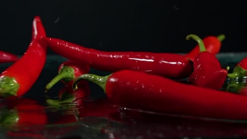 Red Chili Peppers Falling onto Wet Surface