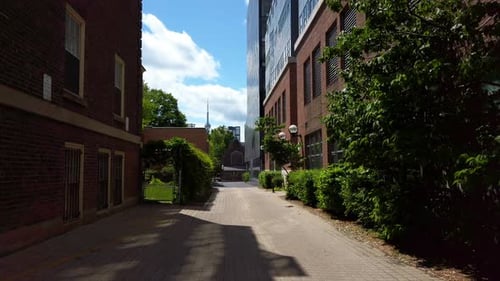 Area of University of Toronto in springtime. View of CN Tower. Toronto, Ontario, Canada.