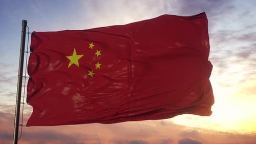 Realistic China Flag Waving Seamlessly Against a Cinematic Sunset Sky