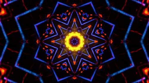 Flying in a tunnel with flashing blue fluorescent lights. Kaleidoscope Infinitely looped animation.