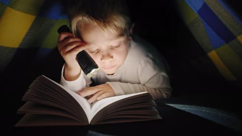 Boy Child to Make a Camp to Play Imaginatively and Reading Book By Flashlight in Living Room at Home