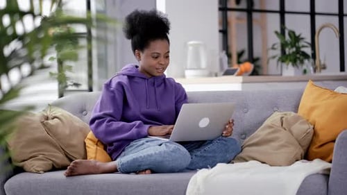 Happy Attractive African American Girl Working Office Work Remotely From Home Black Woman Using