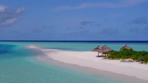 Drone seascape of tourist beach by blue sea with sand background