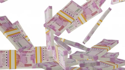Falling Indian Rupee 2000 Banknotes Bundles Animation