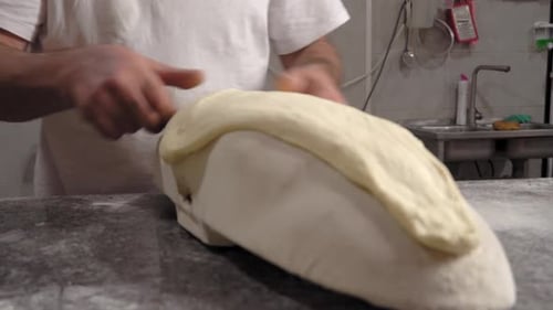 Baker Shaping Dough Preparing Bread in Bakery