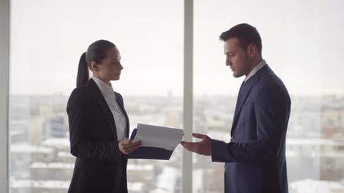 Cheerful Businesswoman Discussing Work with Businessman