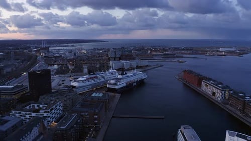 Nordhavn Cruise Ship Docked in Copenhagen Pier and an Aerial View of the City