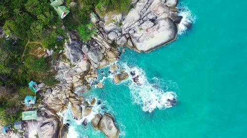 Aerial top view scenery of tranquil coastline beach time by blue water and white sand background of