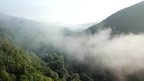 Aerial Landscape View of Caucasus Mountain at Sunny Morning with Fog.