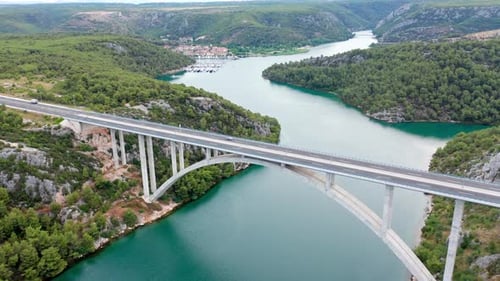 Aerial Drone Footage of Bridge Over the River in Croatia