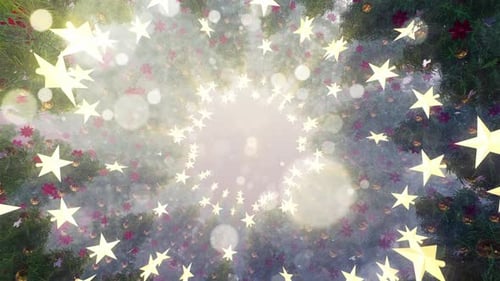 Christmas Festive Background with Glowing Stars and Decorated Trees