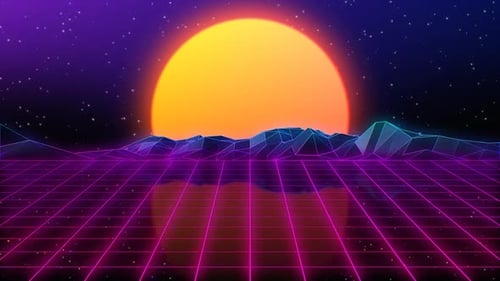 Retro Synthwave Landscape with Neon Grid and Wireframe Mountains
