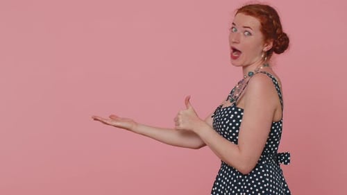 Girl Pointing Empty Place Advertising Area for Commercial Text Copy Space for Goods Promotion