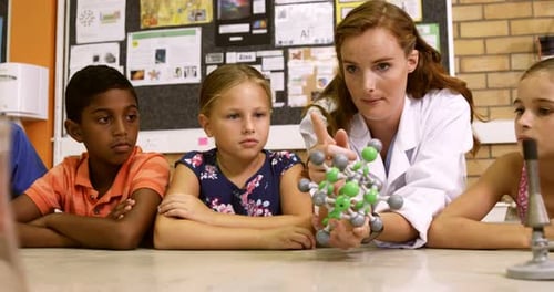 Teacher Explains Molecule Model to Students in Classroom
