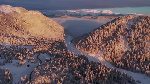 Flying over a winter forest towards the mountains