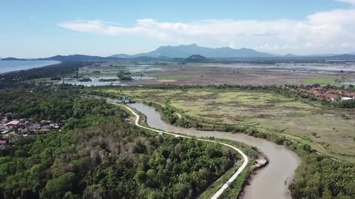 Fly over the river with background near Kuala Muda.