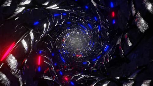 VJ-Schleife. Kamerabewegung in einem dunklen technologischen Tunnel..