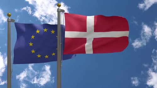 European Union and Denmark Flags Waving in the Wind