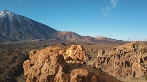 Aerial View of Teide Volcano, Tenerife, Canary Islands, Spain. Flight Over Volcanic Desert Facing
