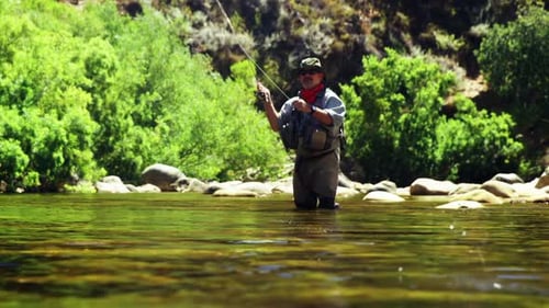 Fisherman fly fishing in river