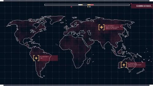 Animation der Weltkarte in Rot auf einem Bildschirm mit knallenden Icons