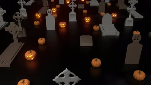 Spooky Halloween Cemetery Flyover with Glowing Jack-o'-lanterns