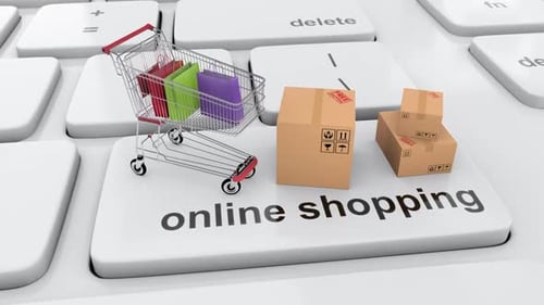 Compras on-line via internet com carrinho de compras cheio de sacola e caixas