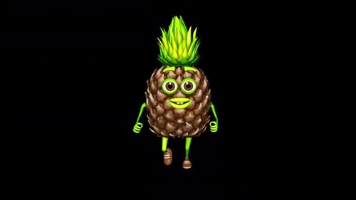 3d Cartoon Pineapple Runs Loop On Alpha Channel