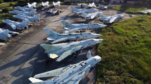 Aerial Drone View Flight Over Old Rusty Broken Plane Aircraft