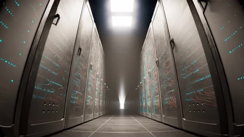Countless vintage server cabinets in a dark render farm corridor. 4KHD