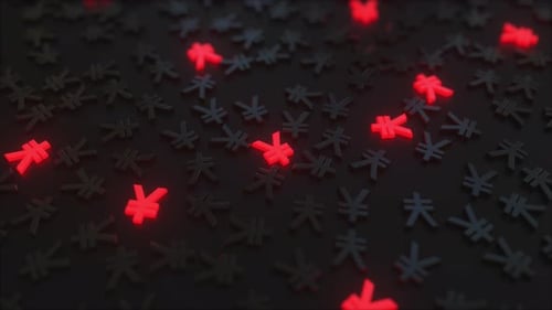 Glowing Red Japanese Yen Signs Among Black Symbols