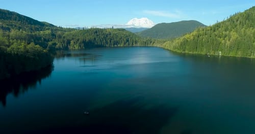 Majestic Nature Outdoors Recreation Summer View Mount Rainier Lake Boat Trees Shadows Aerial View