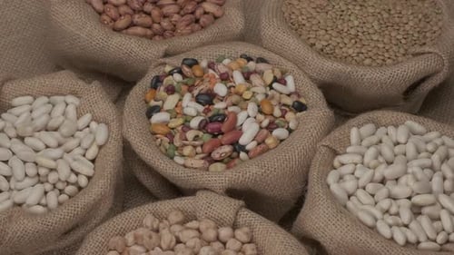 Diverse Legumes Displayed in Rustic Burlap Sacks