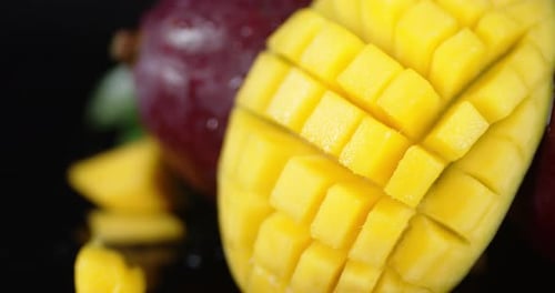 Half Cut Mango Slowly Rotates.