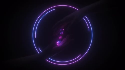 Leuchtende Sci Fi-Hände und Rahmen in Neonfarben