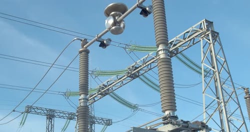 High Voltage Power Lines of the Wind Power Station, Blue Sky,