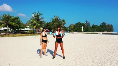 Female models best friends on beautiful shore beach lifestyle by blue sea with white sandy backgroun