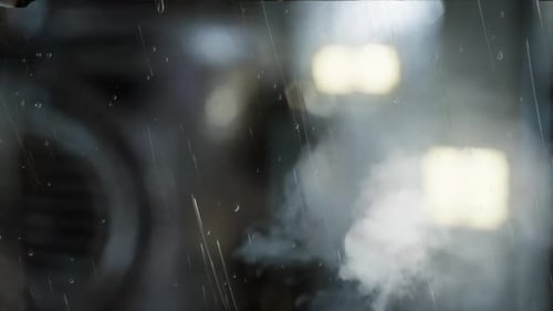 Rainy Window with Steamy Glass and Blurred City Lights