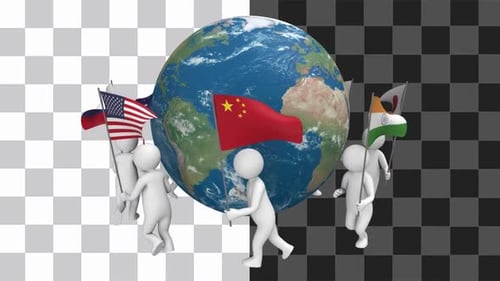 3D Animated Figures with Flags Around Rotating Earth Globe