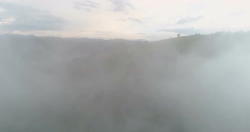 Flying Through White Mist in the Mountains. Green Hills and Pastures Covered in Dense Fog