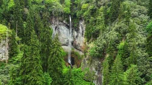 Nature Mountains Waterfall in Green Forest Morning Magical Aerial Landscape