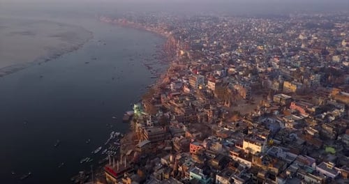 AERIAL: Ganga river in Varanasi India